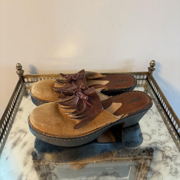 Born Shoes - Born Shoes‎ Womens Size 8 Brown Suede Clog Mule Platform Fringe Kiltie W2605